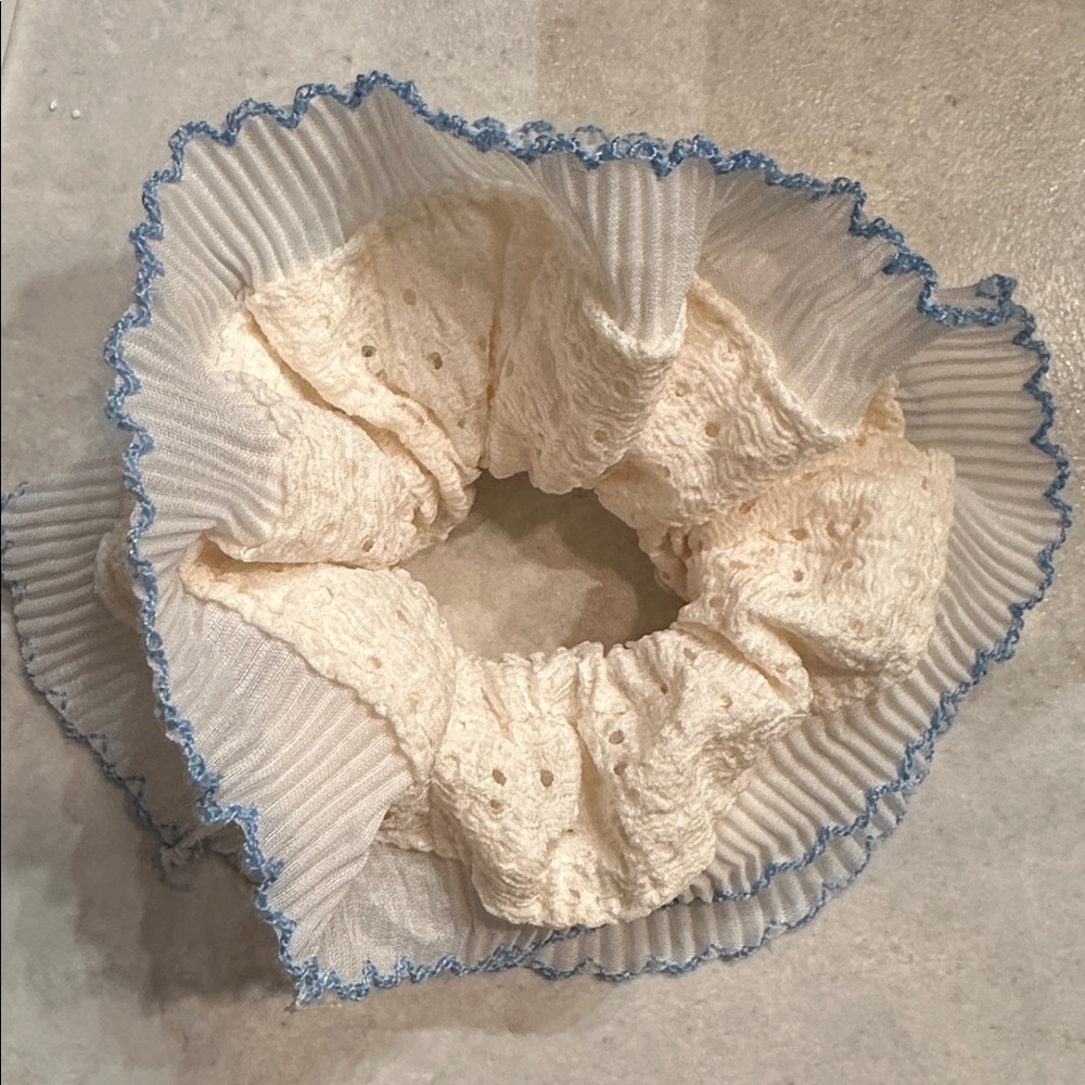 NEW Cream and Blue Ruffled Hair Accessory hair scrunchie